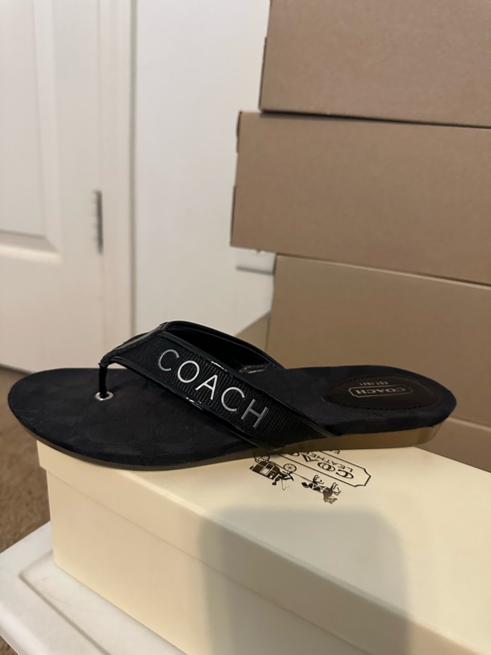 COACH Women's Black Logo Thong Sandals